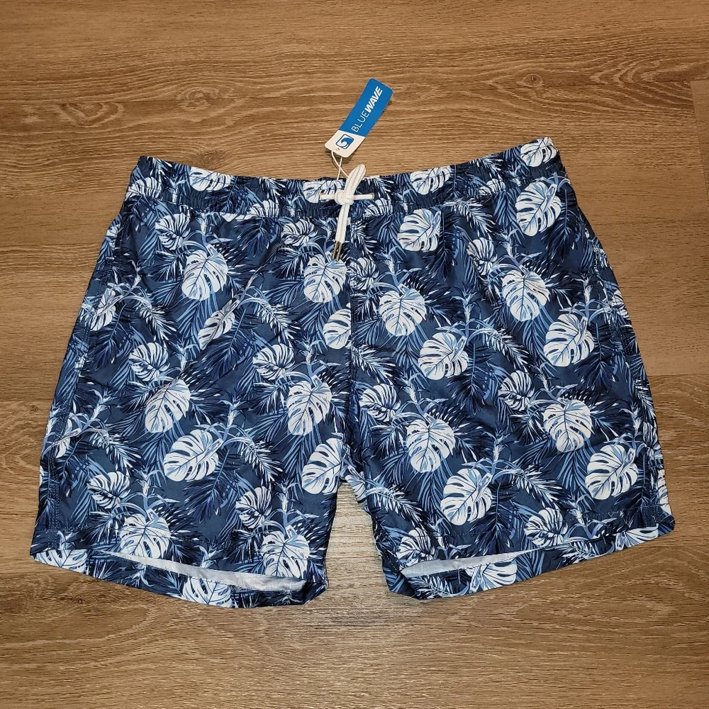 Bluewave Mens Swim Trunk Shorts Blue White Leaf Size XXL New